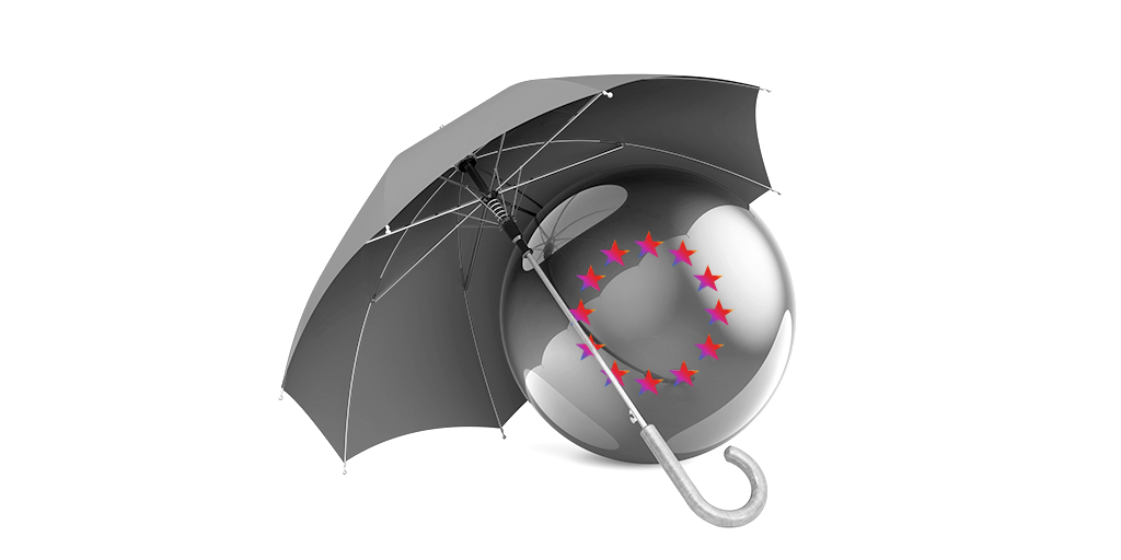bola con el símbolo de la unión europea bajo un paraguas