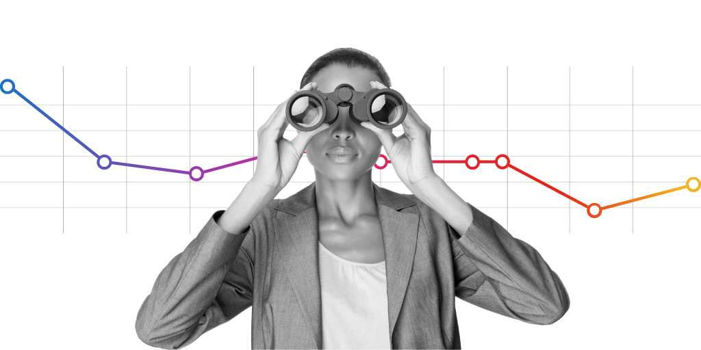 mujer con prismáticos observando una gráfica
